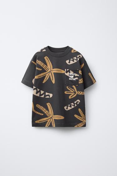 PALM TREE T-SHIRT WITH POCKET - Anthracite grey by Zara - Image 0