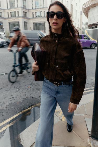 SUEDE LEATHER BOMBER JACKET WITH POCKETS - Brown marl by Zara