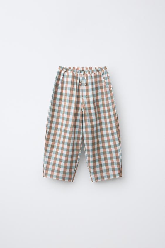 BALLOON GINGHAM CHECK TROUSERS - Sand / Blue by Zara - Image 0