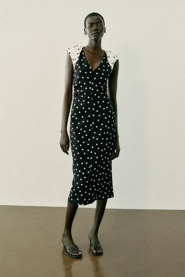 POLKA DOT MIDI DRESS WITH SHOULDER PADS - Black / White by Zara