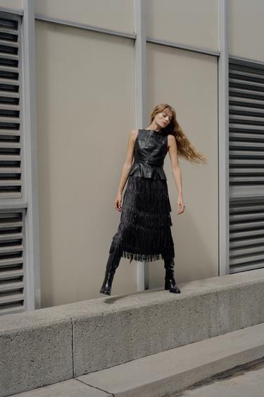 FRINGED MIDI SKIRT - Black by Zara