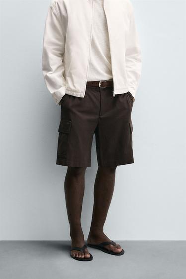 LYOCELL-COTTON CARGO BERMUDA SHORTS - Brown by Zara
