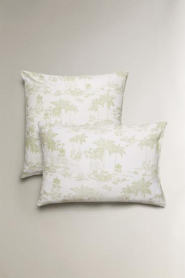 TOILE DE JOUY PALM TREE SATEEN PILLOWCASE - Green by Zara
