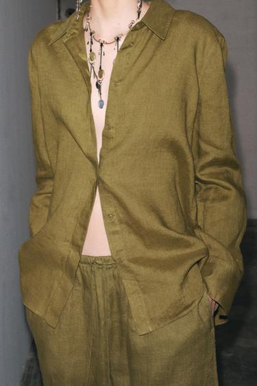ZW COLLECTION 100% LINEN SHIRT - Olive green by Zara