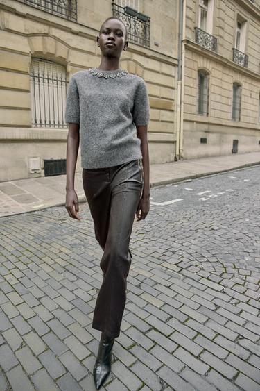 SHORT SLEEVE KNIT JUMPER WITH JEWEL BEADS - Grey by Zara