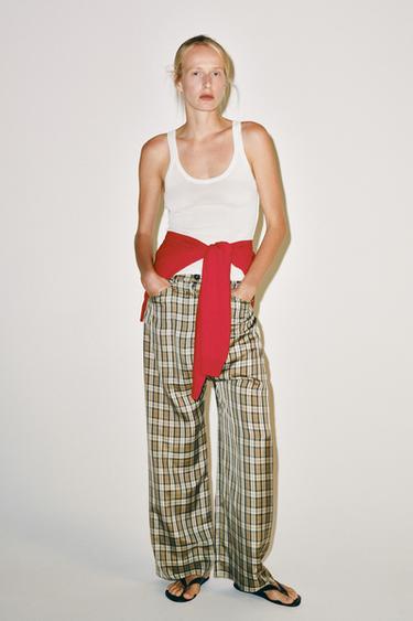 ZW COLLECTION CHECK TROUSERS - Beige by Zara