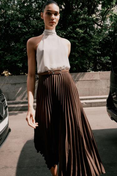PLEATED COMBINED MIDI DRESS - Brown by Zara - Image 0