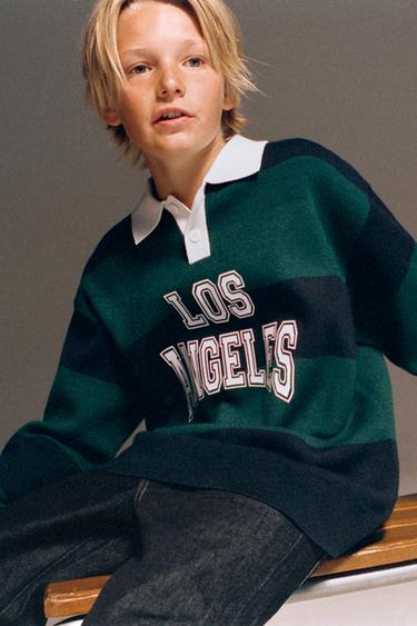 STRIPED VARSITY KNIT POLO SWEATER - Green stripe by Zara