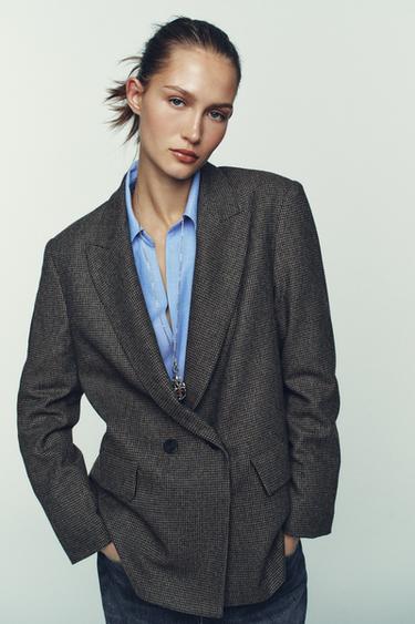 OVERSIZE DOUBLE-BREASTED CHECK BLAZER WITH WOOL - mink brown by Zara