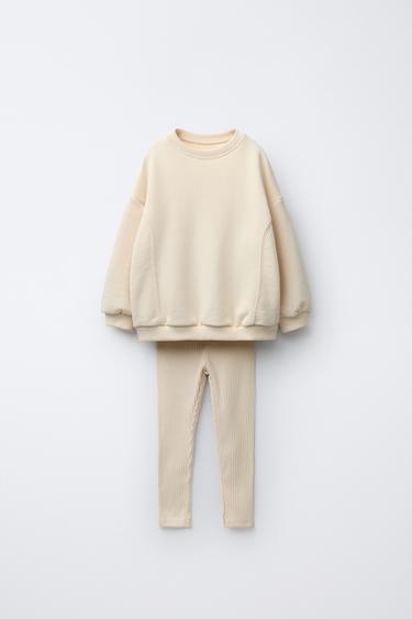 RIBBED LEGGINGS AND BOW SWEATSHIRT JOGGING SET - Ecru/Yellow by Zara - Image 0