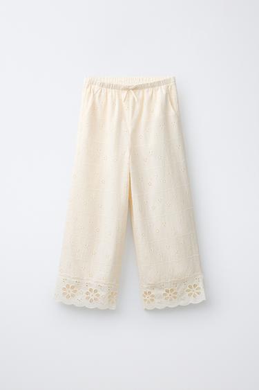 WIDE-LEG SCHIFFLI TROUSERS - Ecru by Zara
