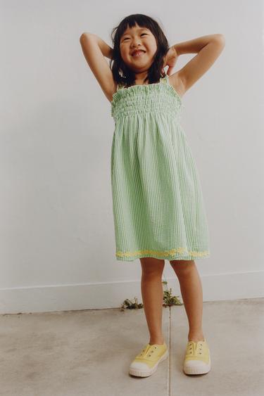 STRIPED DRESS WITH EMBROIDERED FLOWERS - Green by Zara