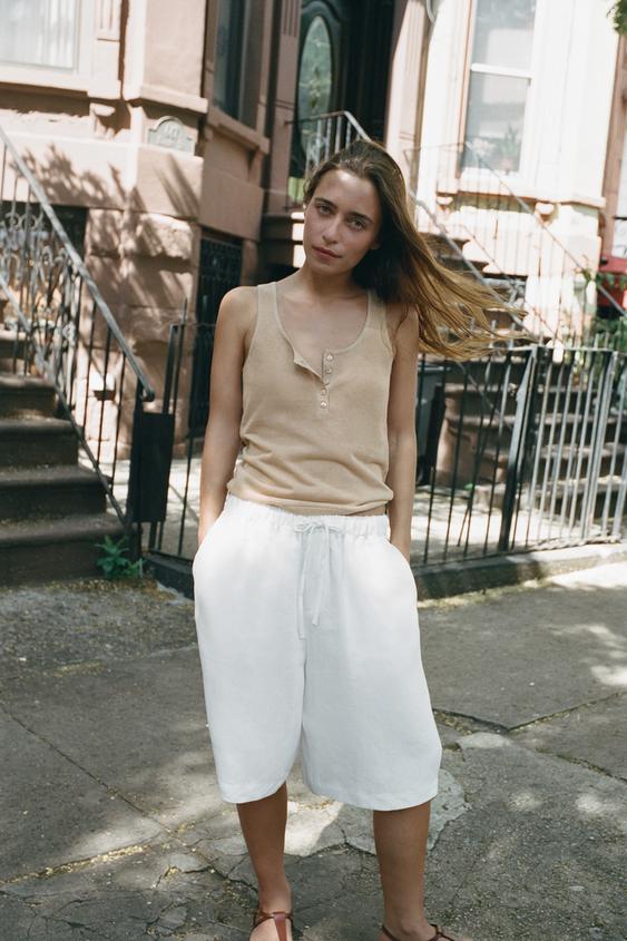 LINEN DRAWSTRING BERMUDA SHORTS - White by Zara - Image 0