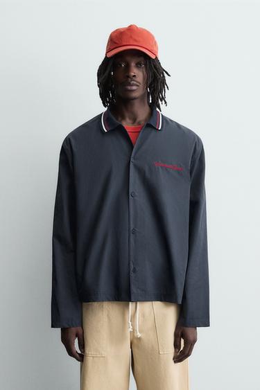 EMBROIDERED RIBBED COLLAR SHIRT - Navy blue by Zara