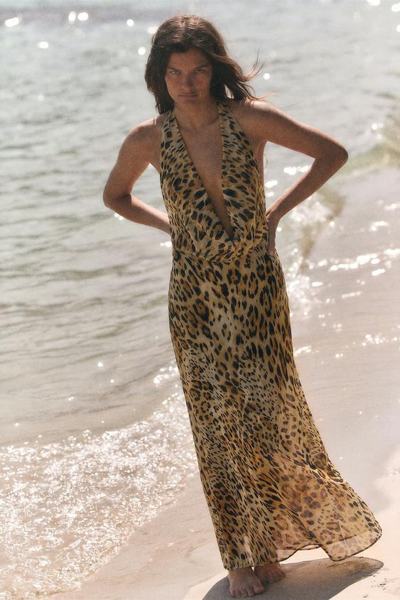 ANIMAL PRINT GEORGETTE HALTER LONG DRESS - Leopard by Zara - Image 0