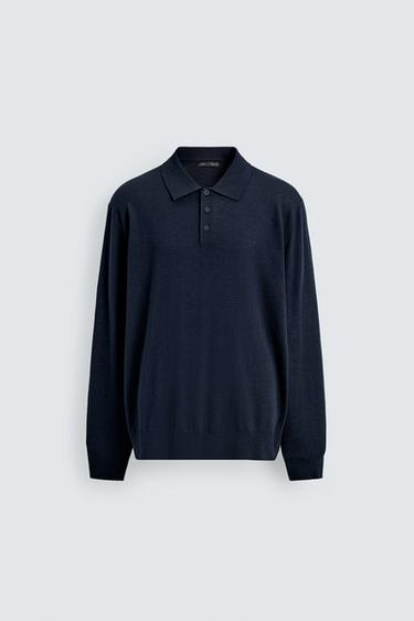 WOOL BLEND KNIT POLO SHIRT - Navy blue by Zara