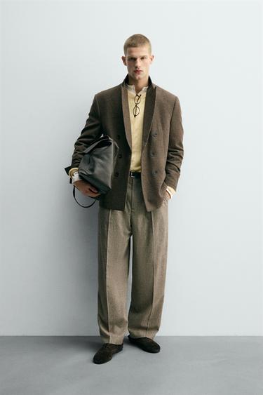 WOOL BLEND CHECK DOUBLE-BREASTED BLAZER - Brown by Zara