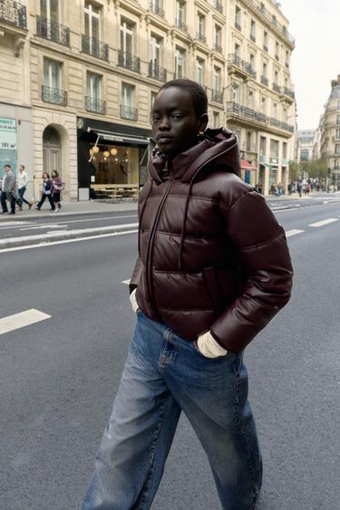 PUFFER ANORAK WITH FAUX LEATHER EFFECT, WATER-REPELLENT AND WINDPROOF - Burgundy by Zara
