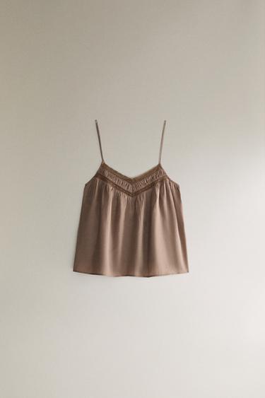 GATHERED SATEEN TOP - Brown by Zara