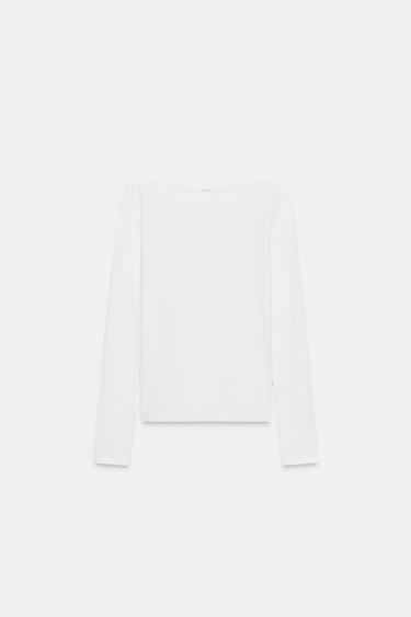 COTTON BOAT NECK T-SHIRT - White by Zara