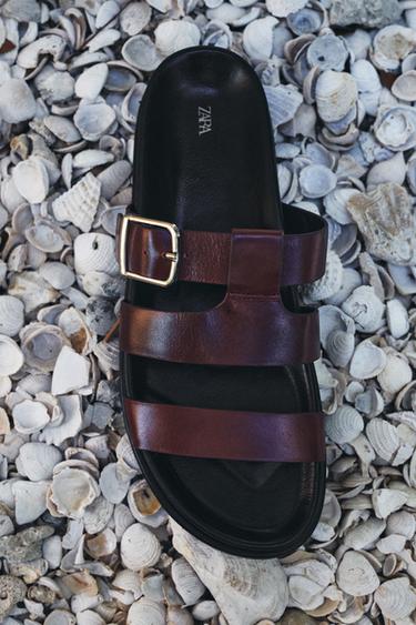 FLAT SANDALS WITH LEATHER STRAPS - Burgundy Red by Zara - Image 0