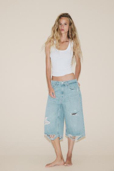 LOW-RISE RIPPED TRF DENIM JORTS BERMUDA SHORTS - Blue by Zara - Image 0