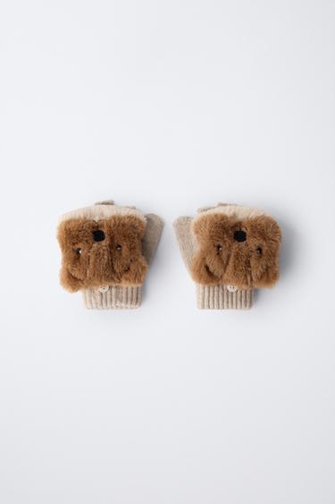 BEAVER FUR EFFECT MITTEN GLOVES - Light beige by Zara