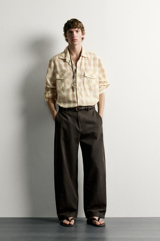 RELAXED FIT CHECK SHIRT WITH POCKETS - Sand by Zara - Image 0