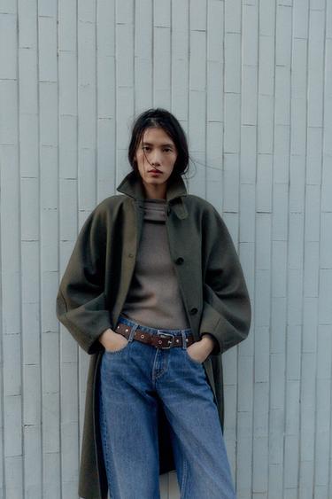 WOOL COAT WITH PUFF SLEEVES AND CONTRAST COLLAR - Khaki by Zara