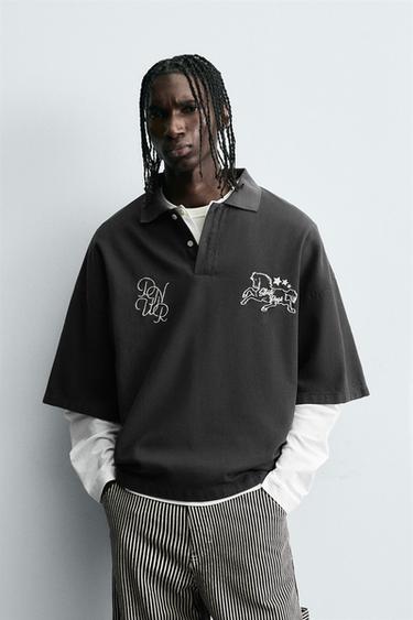BOXY FIT EMBROIDERED POLO SHIRT - Grey by Zara