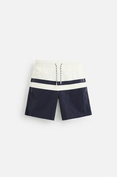 COLOUR BLOCK LONG SWIMMING TRUNKS - Navy blue by Zara - Image 0