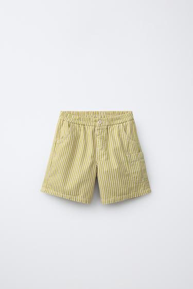 STRIPED COTTON LINEN BERMUDA SHORTS - Ecru / Green by Zara