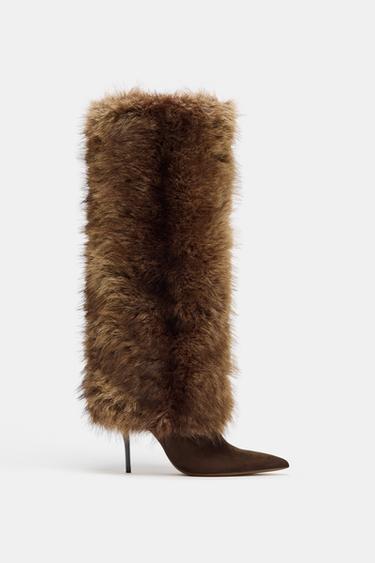 FAUX FUR HEELED BOOTS - Light beige by Zara