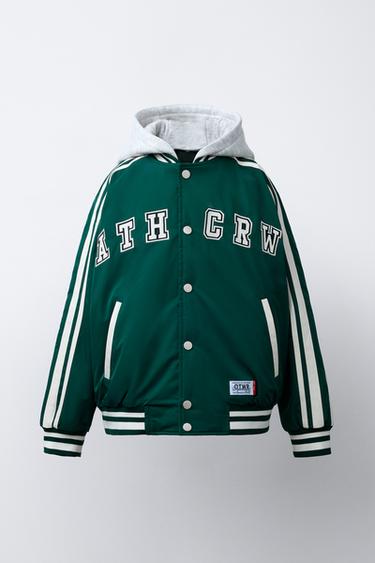 QUILTED VARSITY BOMBER JACKET WITH DETACHABLE HOOD - Green by Zara - Image 0