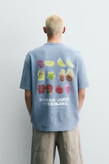 WASHED JELLY BEAN PRINT KNIT T-SHIRT - Faded sky blue by Zara