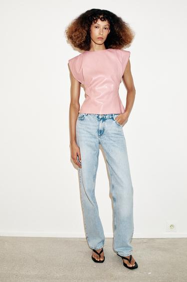 LEATHER EFFECT TOP WITH SHOULDER DARTS - Pink by Zara