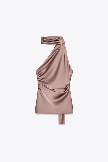 SATIN HALTER SCARF TOP - Light pink by Zara