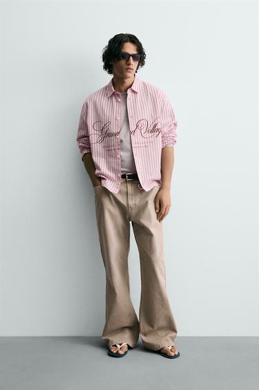 RELAXED FIT CHECK SHIRT WITH SLOGAN - Pink by Zara