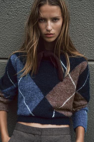 ARGYLE KNIT JUMPER - Navy blue by Zara
