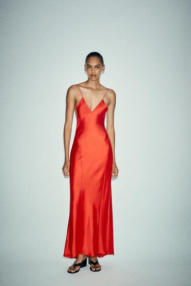 OPEN BACK LONG SATIN DRESS - Bright red by Zara
