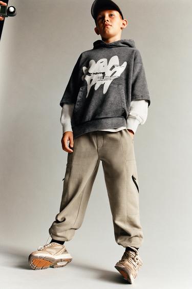 DOUBLE SLEEVE PRINT HOODIE - Grey / Beige by Zara