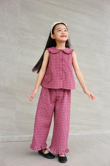 GINGHAM CHECK STRAIGHT-LEG TROUSERS - Fuchsia by Zara