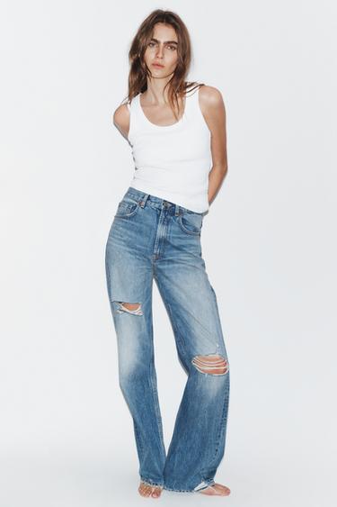 TRF RIPPED HIGH-WAIST WIDE-LEG JEANS - Blue by Zara