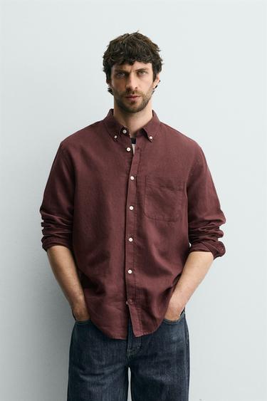 LINEN/COTTON SHIRT - Burgundy by Zara