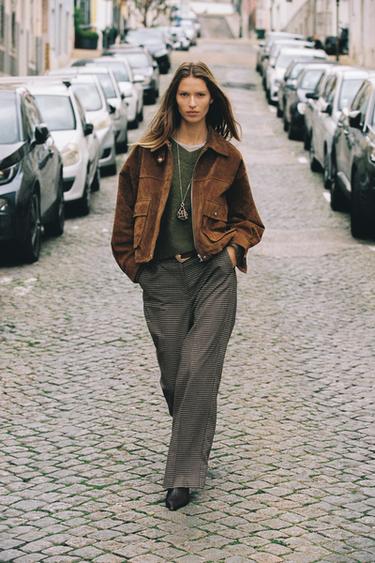 STRAIGHT CHECK TROUSERS WITH BELT - Brown / Ecru by Zara