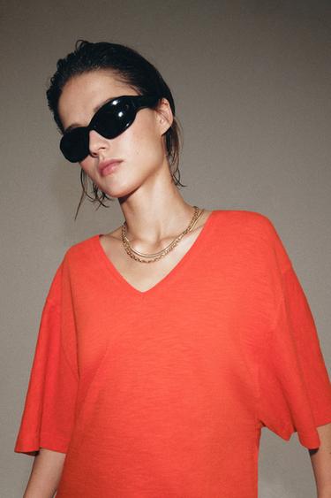 V-NECK T-SHIRT - Coral by Zara