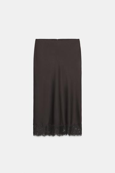ZW COLLECTION SATIN LACE SKIRT - Dark brown by Zara
