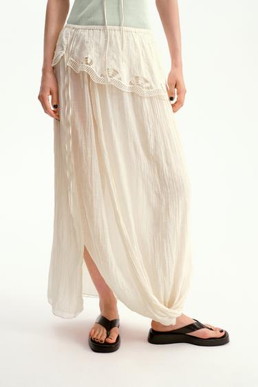 ZW COLLECTION EMBROIDERED SASH MIDI SKIRT - Ecru by Zara
