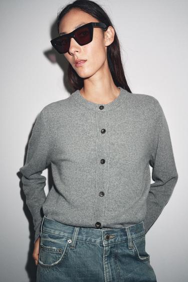 CASHMERE AND WOOL LONG SLEEVE CARDIGAN - Grey by Zara