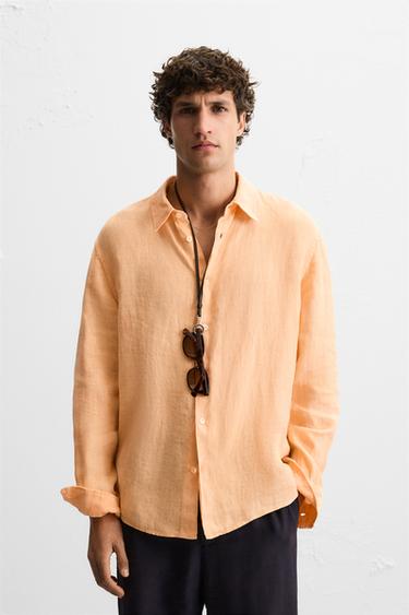 100% LINEN SHIRT - Tangerine by Zara